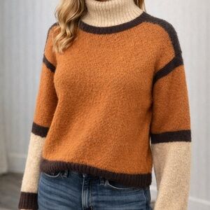 Wool Blend Cozy Colorblock Turtleneck Sweater - Orange and Brown